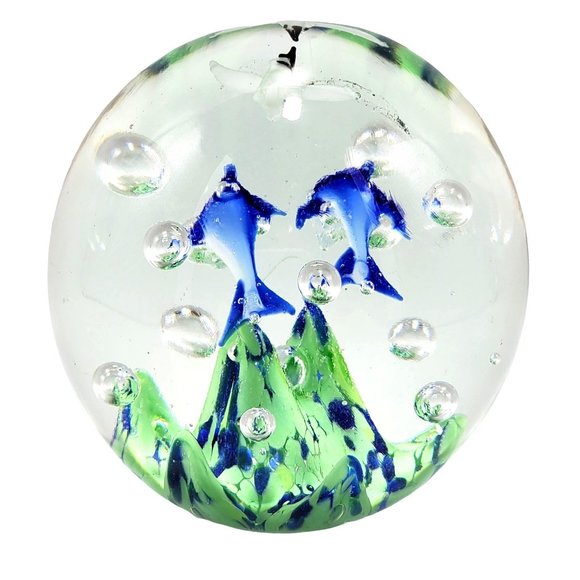 Hand Blown Art Glass Under the Sea Paperweight Bullicante Dolphins Sea Gulls VTG - Picture 2 of 10